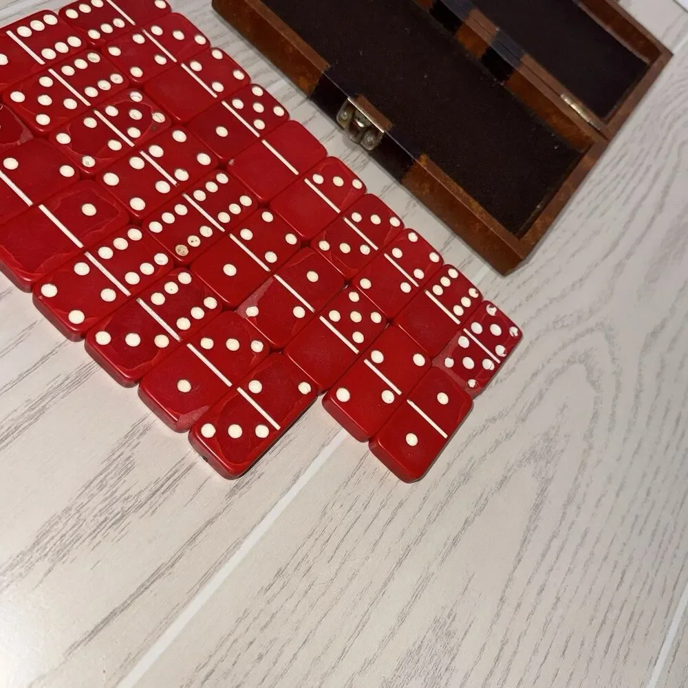 Vintage Red Dominoes Tile Game Set w/ Vinyl Wooden Case, Dot Numbered Pieces